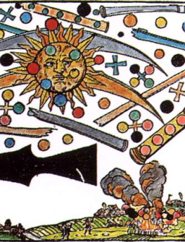 Étranges phénomènes dans le ciel Nuremberg, 14 avril 1561. Miniature de H. Glaser (Bibliothèque de Zurich)