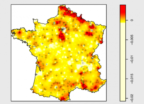 Ci-dessus, carte des zones géographiques pour lesquelles il existe un écart résiduel entre le modèle de distribution présenté dans l'article et l'OBSERVATION effective de phénomènes de type D (cf. p17). L'écart avec le modèle représente des variations faibles, de l'ordre de moins de 5%.