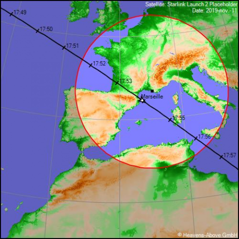 Trajectoire de la fusée Falcon 9 le 11/11/2019 au moment des observations sur le site Heavens Above